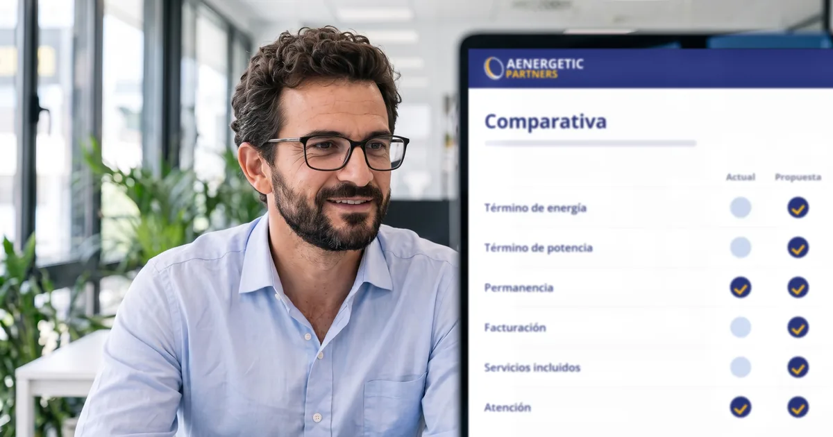 Asesor sonriente junto a un monitor con la comparativa de Aenergetic Partners entre la tarifa actual y la propuesta